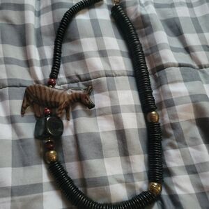 Vintage Hand Carved Wooden Zebra Pendant Necklace